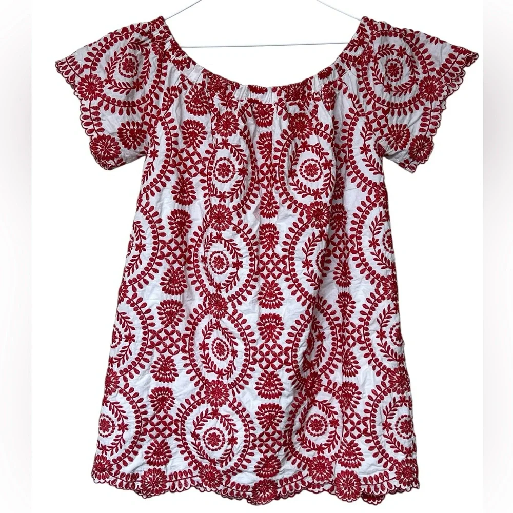 Entro red and white fully floral embroidered off the shoulder mini dress - Picture 5 of 14